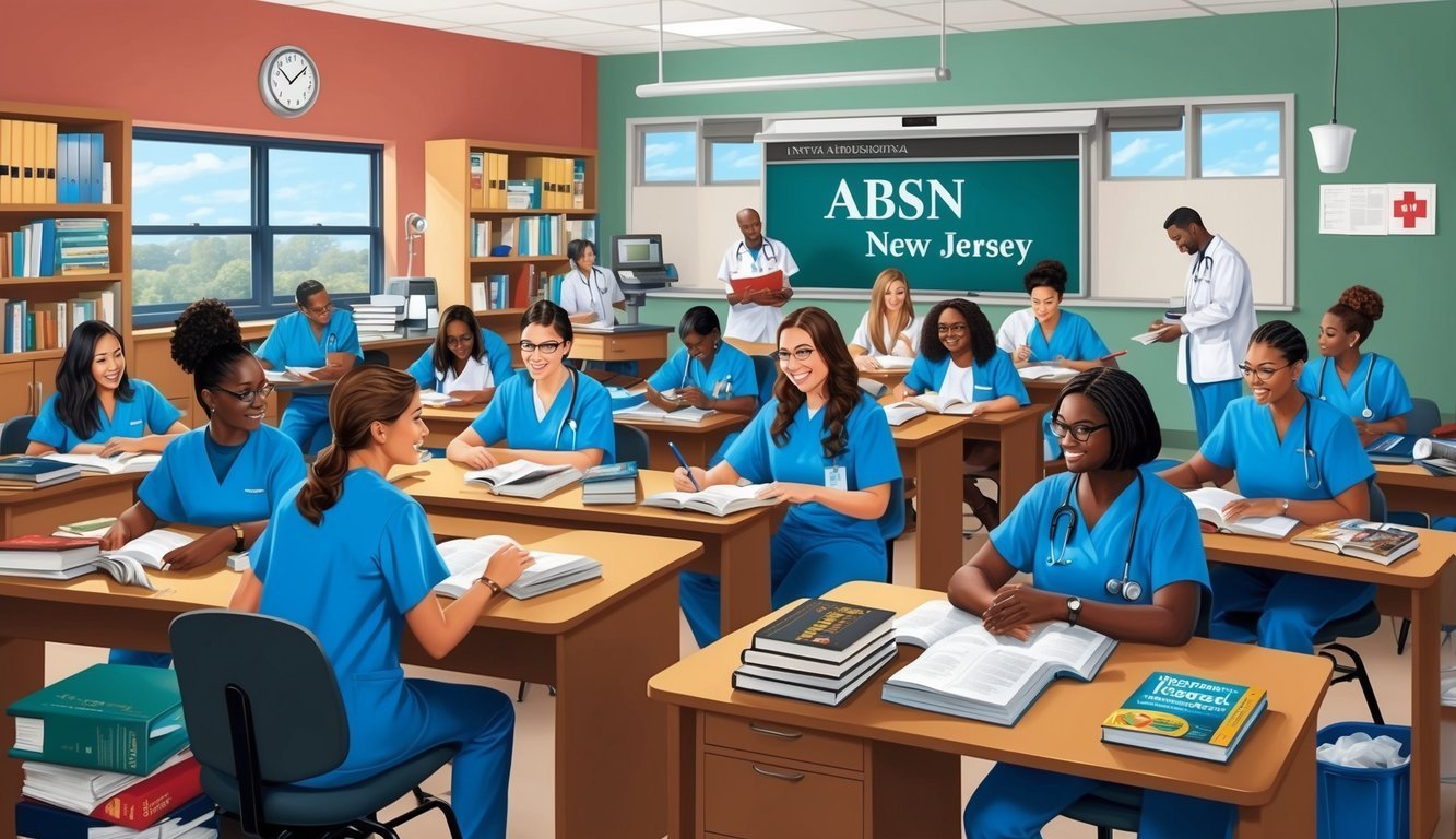 Nursing students in scrubs study in a classroom with a blackboard