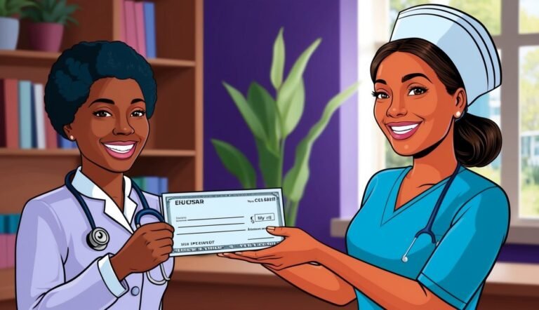 Two smiling Black women, one doctor, one nurse, holding a check
