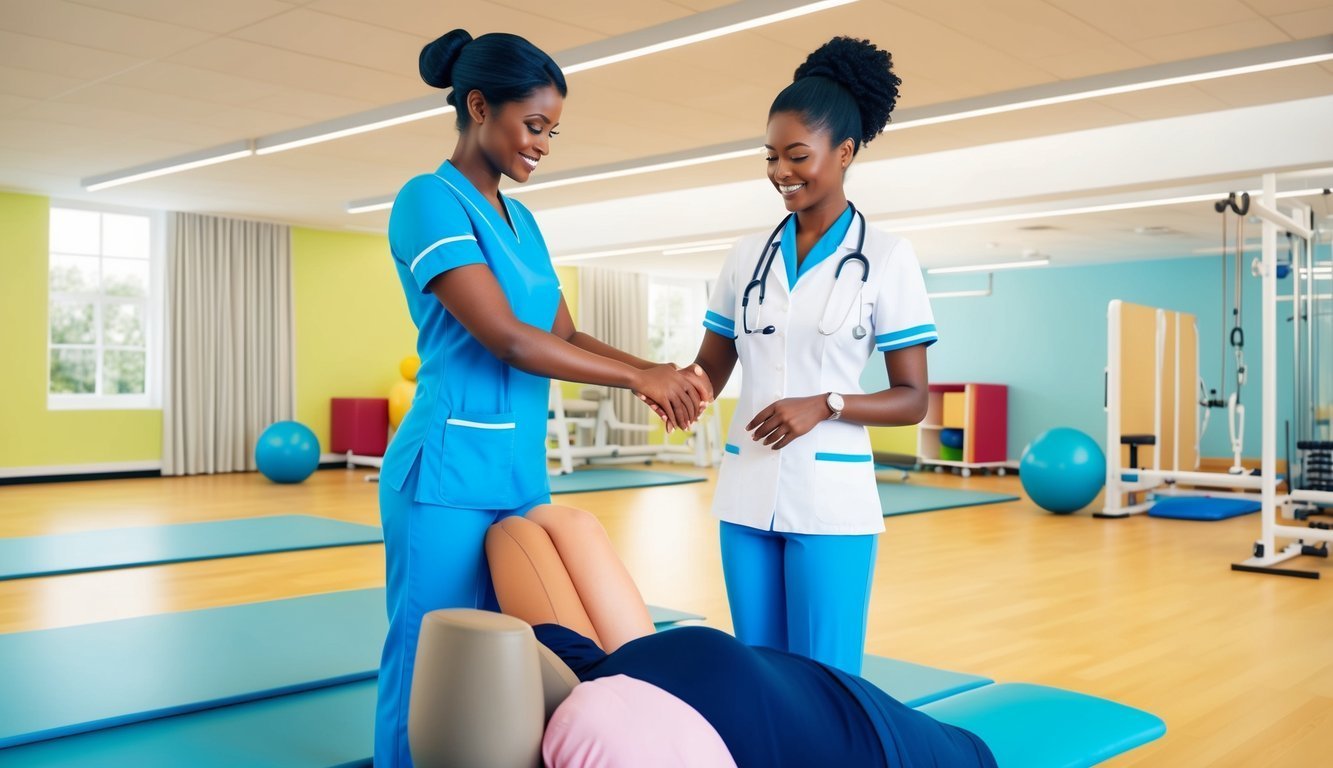 Two nurses assisting a patient during physical therapy in a clinic