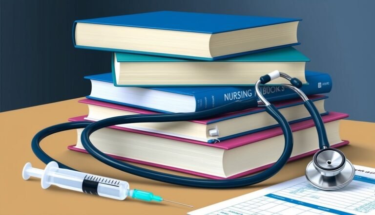 Stack of books, stethoscope, syringe, and medical form on a table