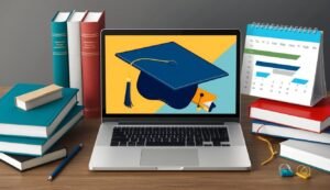 Laptop with graduation cap on screen, books, and calendar
