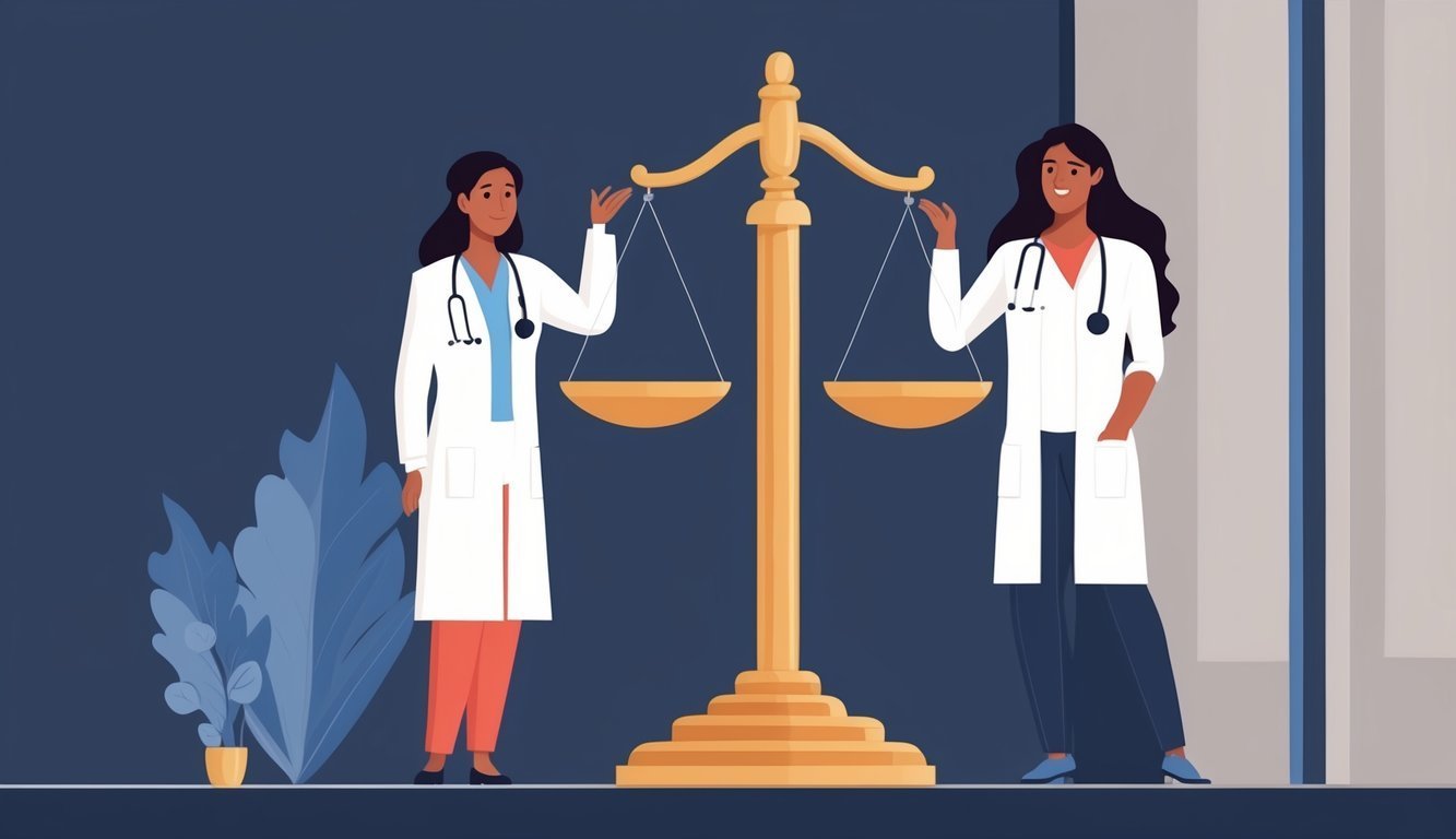 Two doctors stand on either side of a golden balance scale