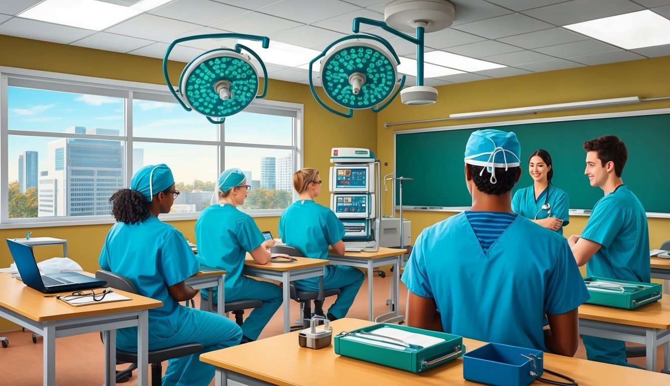 Medical students in scrubs attend a class with surgical lights and equipment