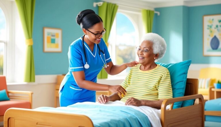 Nurse in blue scrubs assisting elderly woman in bed, smiling