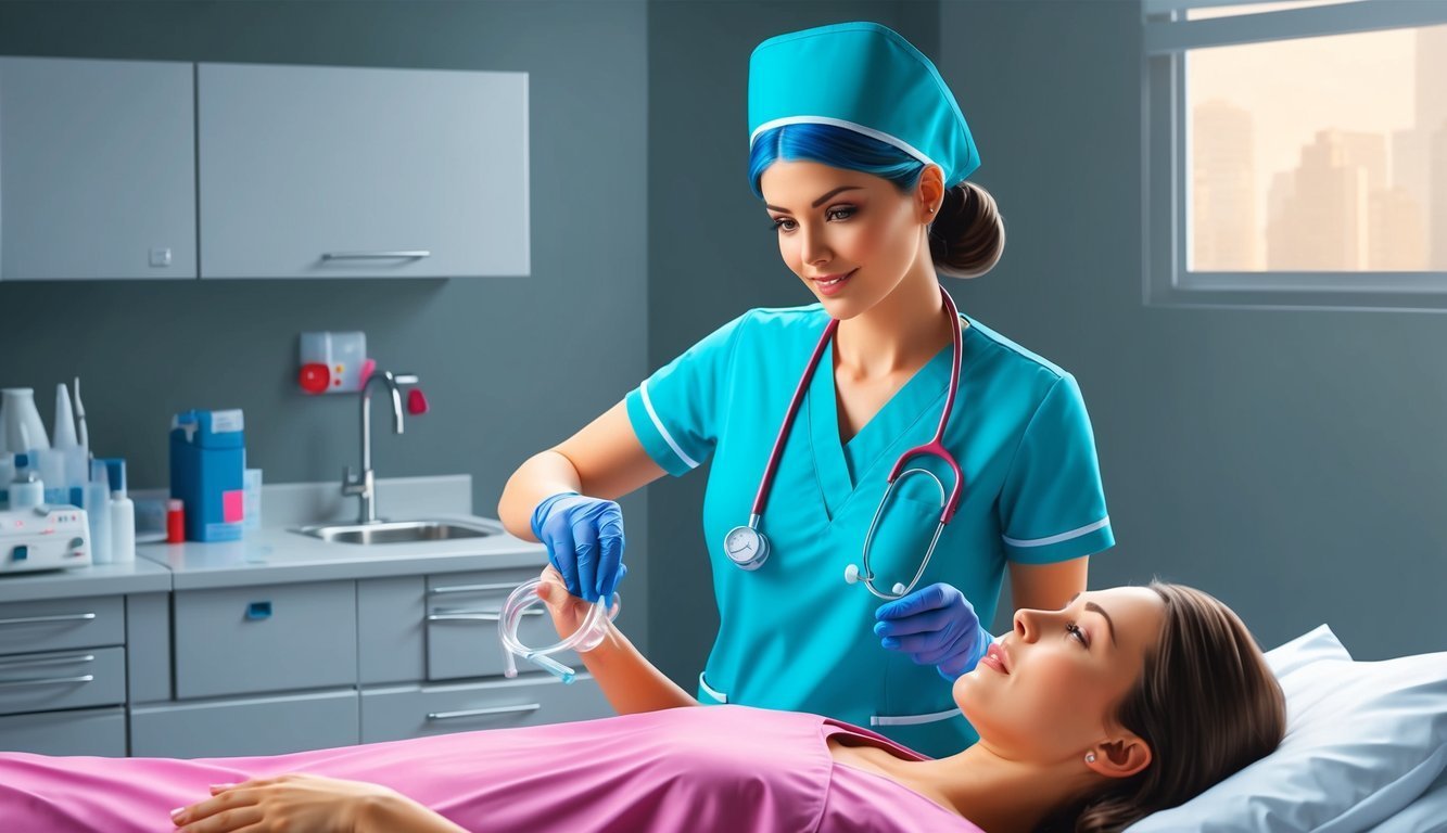 Nurse in scrubs preparing a patient for a medical procedure