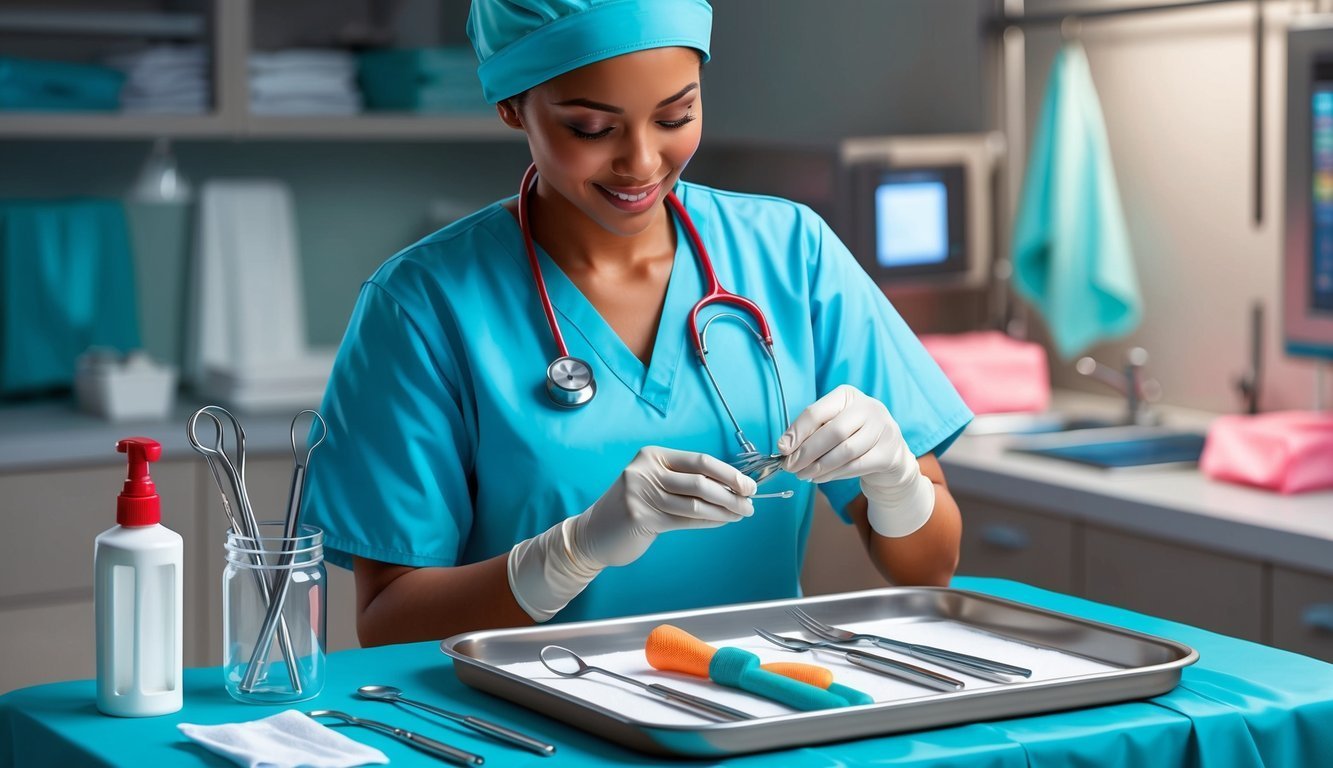 Smiling medical professional in scrubs and gloves with surgical tools