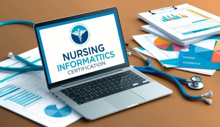 Laptop with "Nursing Informatics Certification" on screen, stethoscope, and documents