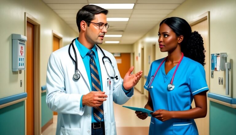 Doctor and nurse in a hospital hallway discussing a patient's chart