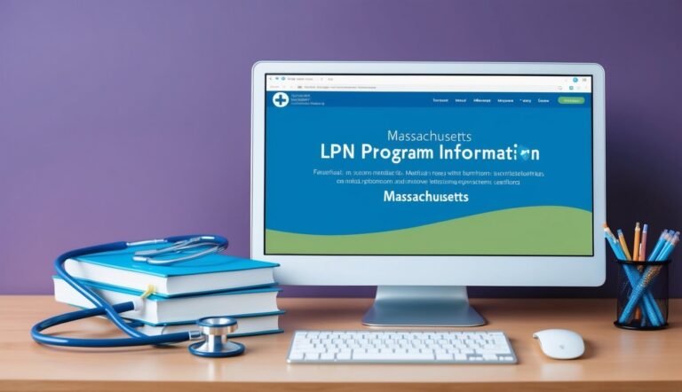 Computer screen with Massachusetts LPN program information, stethoscope, books, and keyboard