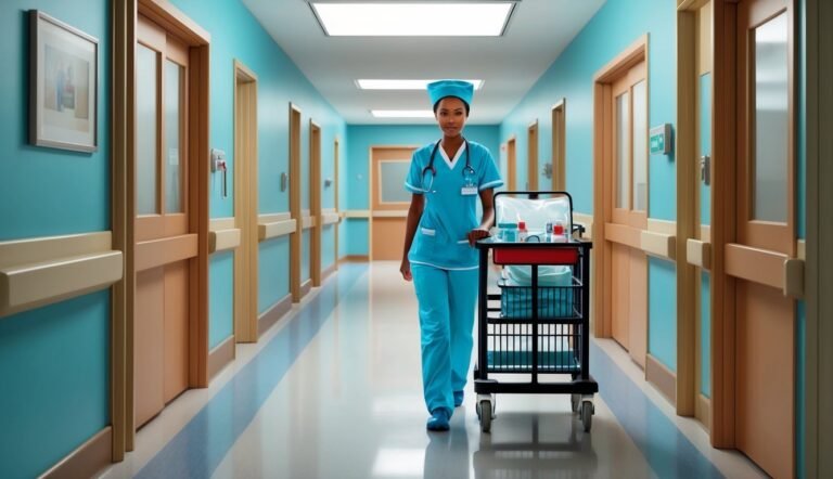 Nurse in blue scrubs pushing a medical cart down a hospital hallway