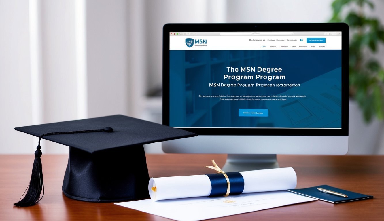 Graduation cap, diploma, and computer screen displaying MSN degree program