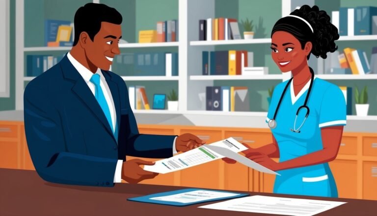 Man in suit hands paperwork to a smiling nurse in scrubs