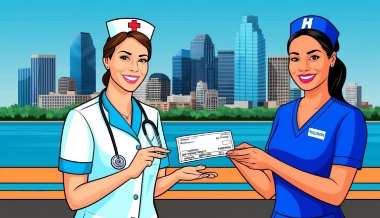 Two smiling nurses holding a check in front of a city skyline