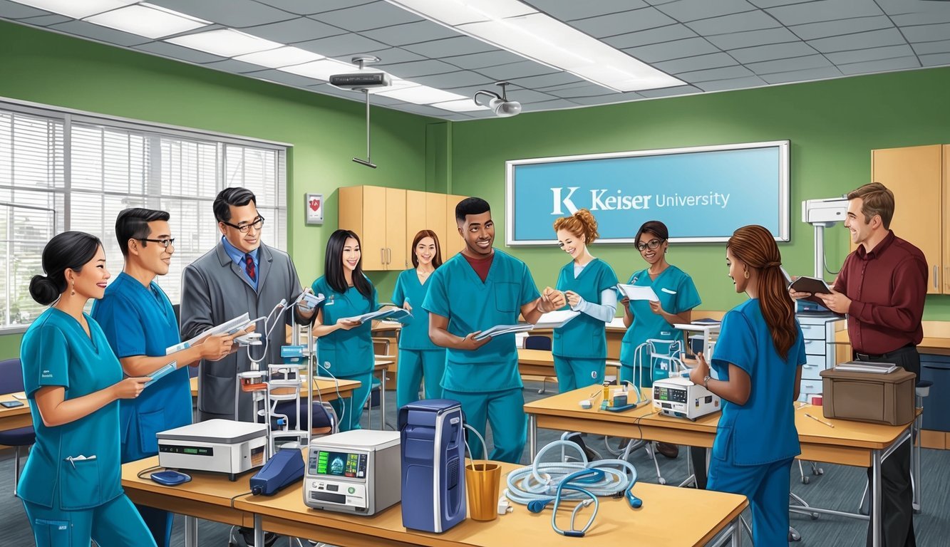 A classroom at Keiser University filled with medical equipment and students in scrubs learning from instructors