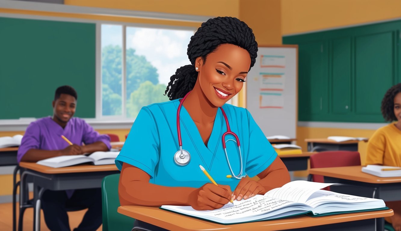 A medical assistant in scrubs taking notes at a desk in a classroom at Herzing University