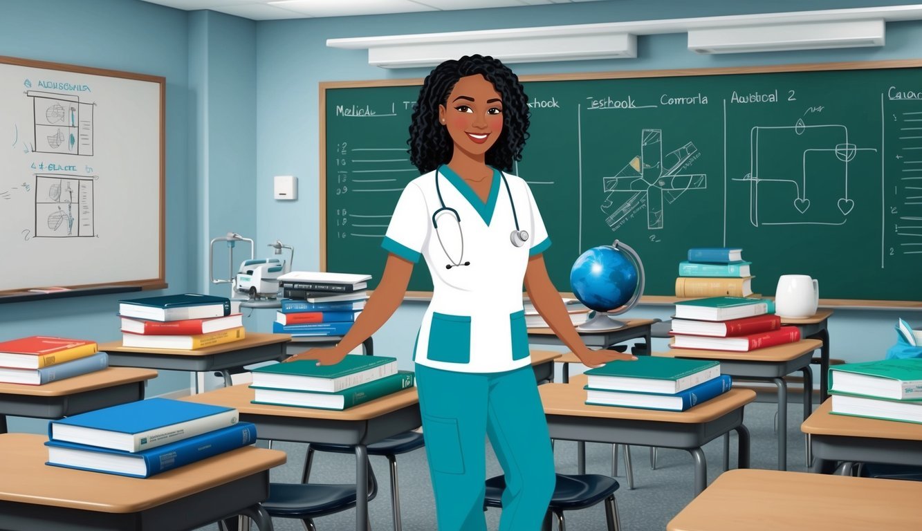 A medical assistant in scrubs stands in a classroom filled with textbooks, medical equipment, and a whiteboard with diagrams