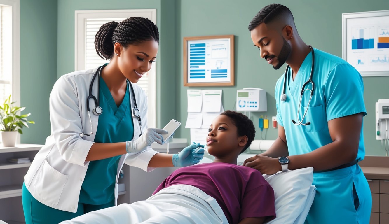 A medical assistant working in a clinic, taking vitals and assisting the physician with patients
