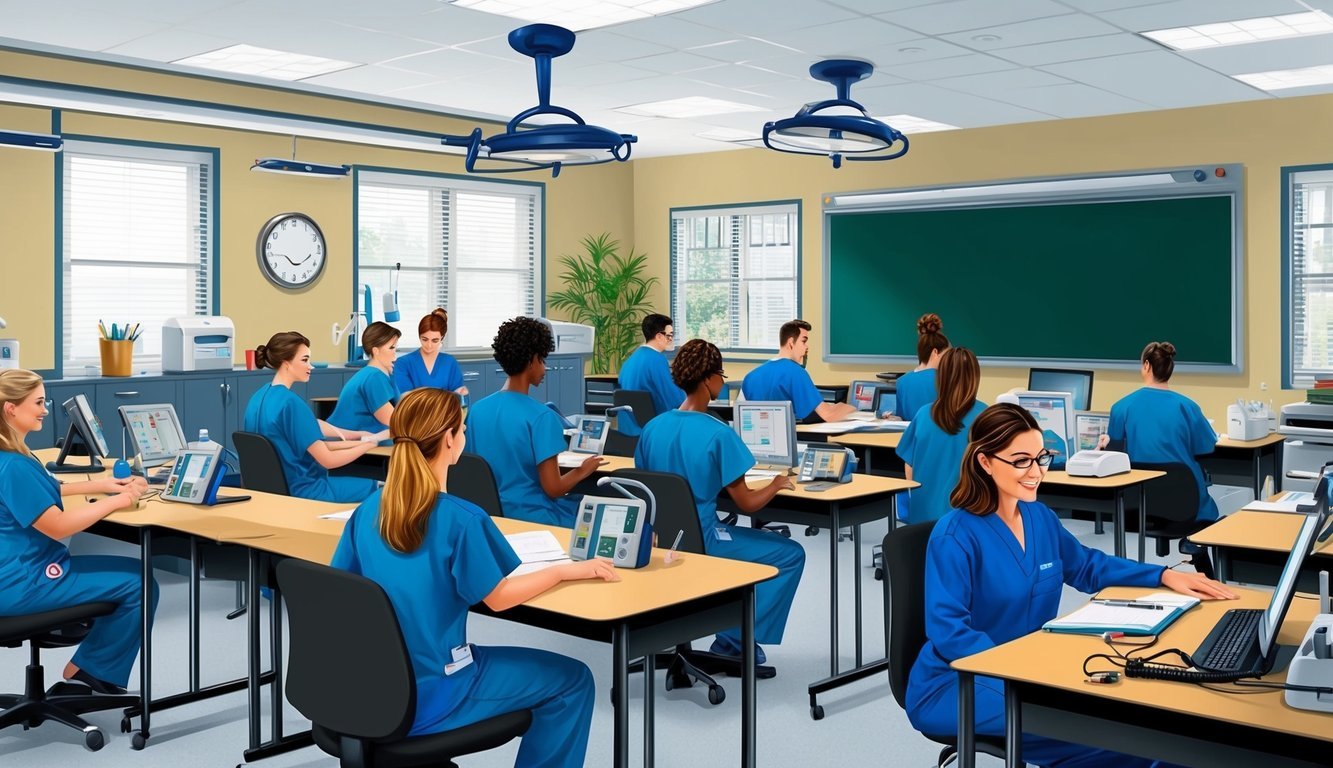 A classroom filled with medical equipment and students in scrubs at Carrington College's best medical assistant program