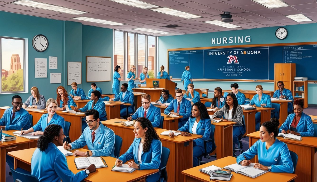A bustling classroom at the University of Arizona's nursing school, with students engaged in lectures and group discussions
