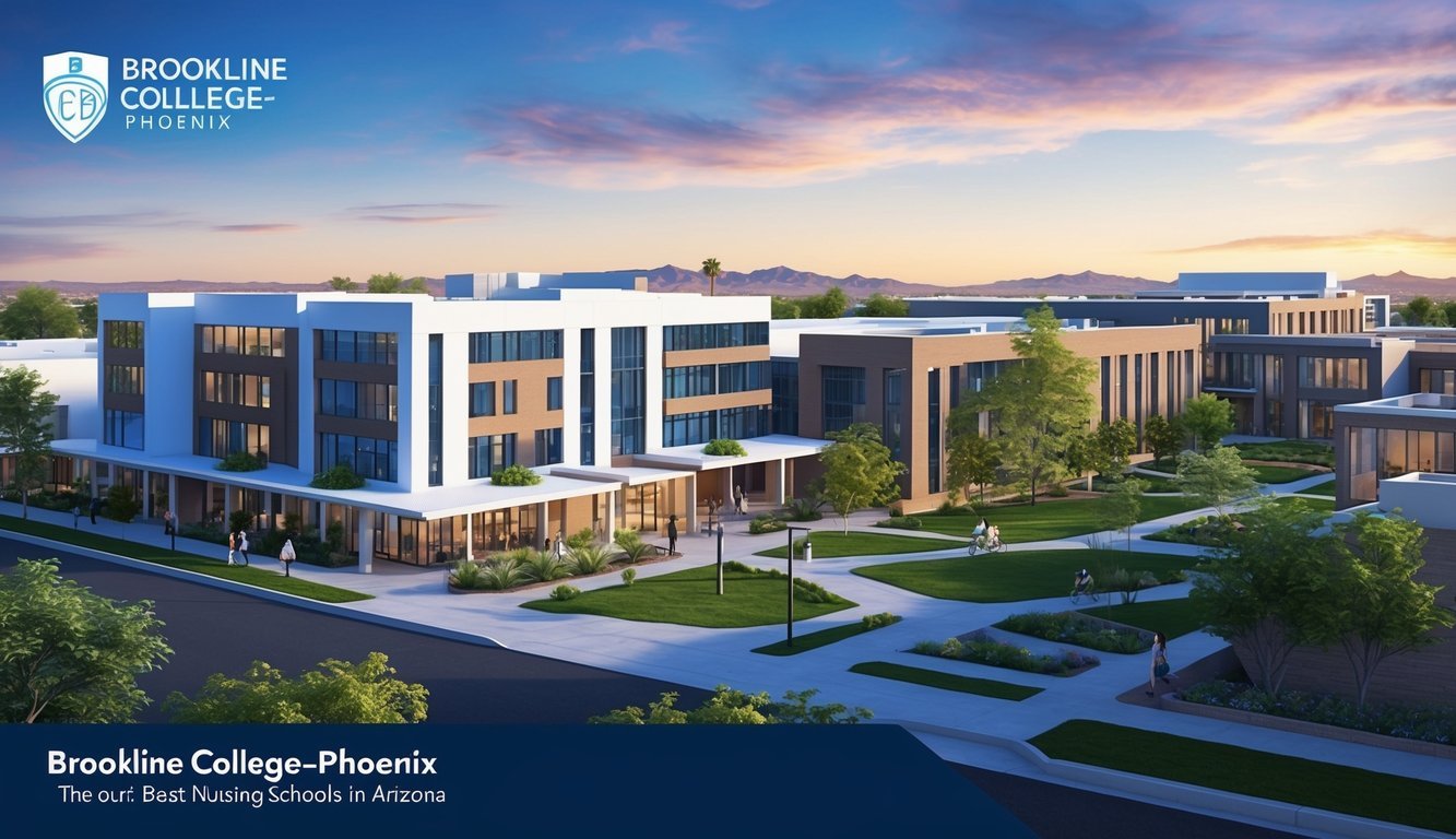 A bustling campus with modern buildings and greenery, showcasing the excellence of Brookline College-Phoenix as one of the best nursing schools in Arizona