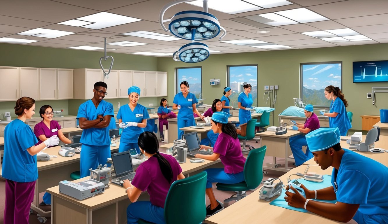 A bustling classroom at Pima Medical Institute-Tucson, with students in scrubs and medical equipment, engaged in hands-on nursing training