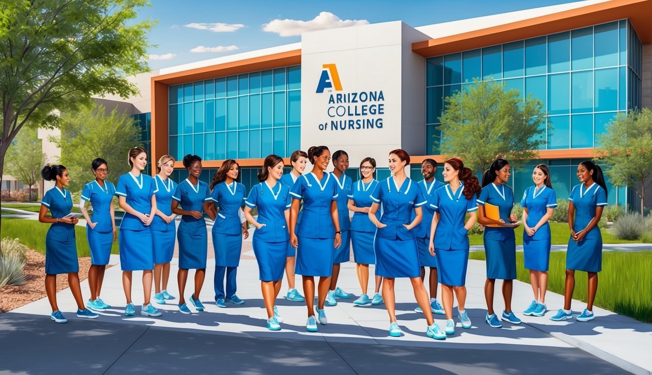 A group of students in nursing uniforms gather around a modern campus building at Arizona College of Nursing