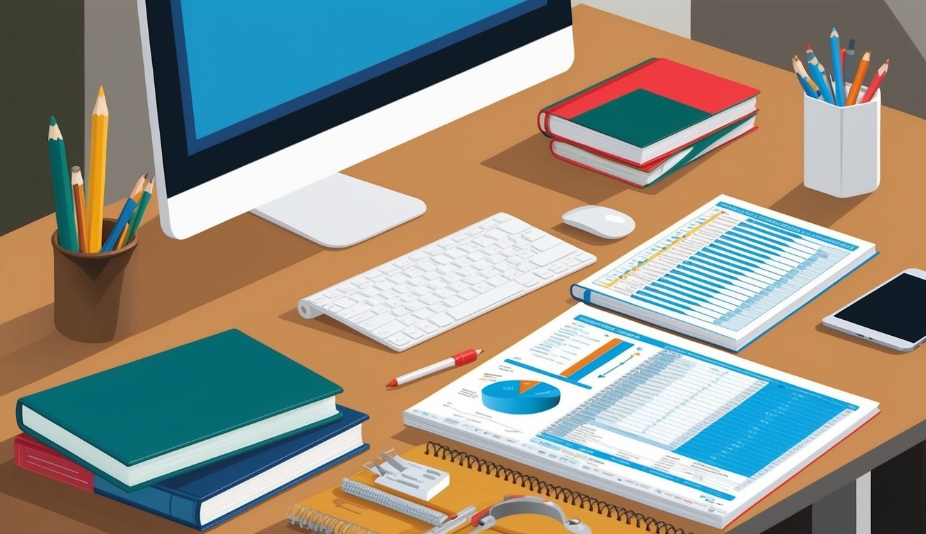 A desk with a computer, textbooks, and medical coding charts
