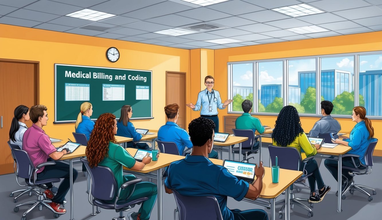A classroom with students learning medical billing and coding, with a teacher at the front of the room leading the lesson