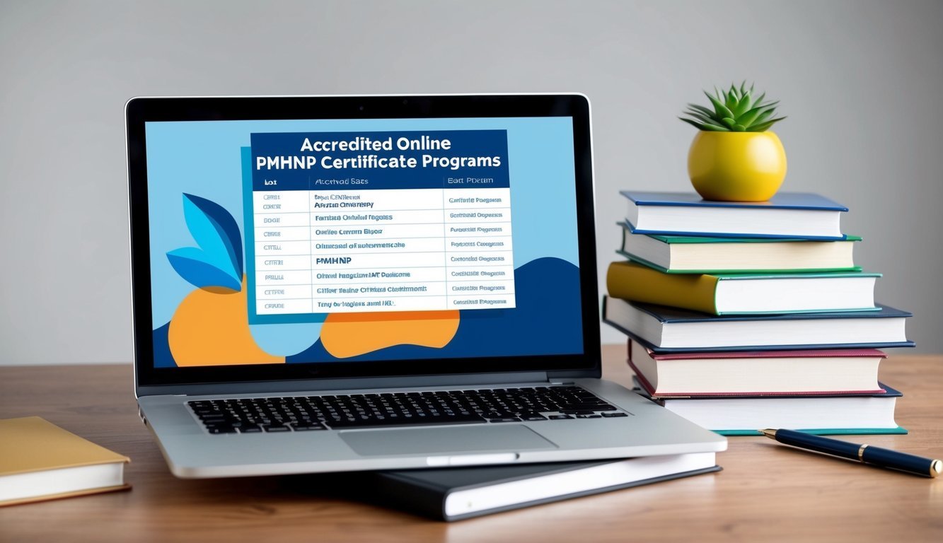 A laptop displaying a list of accredited online PMHNP certificate programs, surrounded by a stack of books and a pen