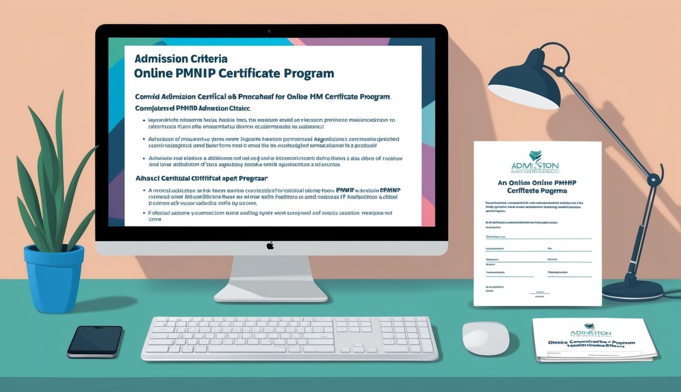 A computer screen displaying a list of admission criteria and a completed application form for an online PMHNP certificate program
