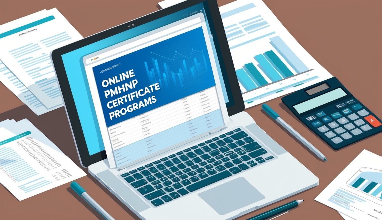 A laptop displaying a list of online PMHNP certificate programs, surrounded by financial documents and a calculator