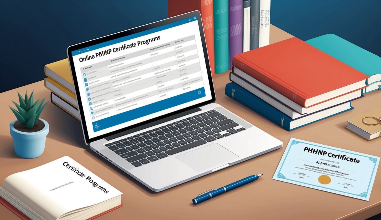 A laptop displaying a list of online PMHNP certificate programs, surrounded by books and a diploma on a desk