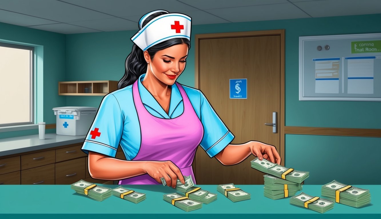 A nurse counting money in a hospital break room