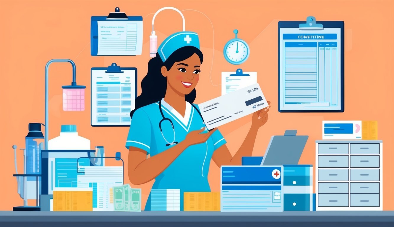 A nurse surrounded by medical equipment and charts, receiving a paycheck reflecting a competitive salary