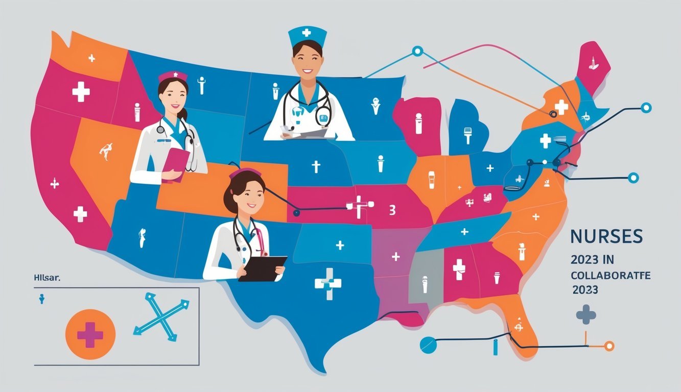 Nurses from different states collaborate in 2023, symbolized by a map with interconnected lines and nursing symbols