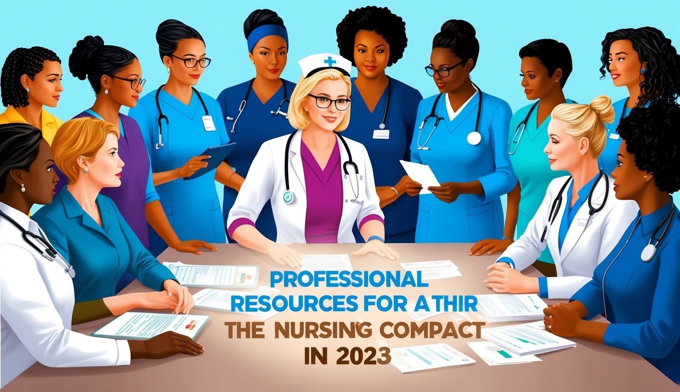 A group of nurses from different states gather around a table, discussing professional resources and governance for the upcoming nursing compact in 2023
