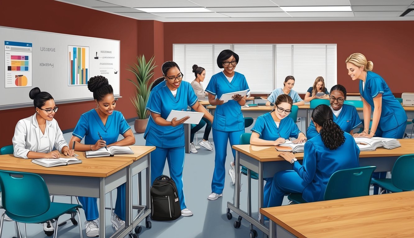 A group of nursing students studying and collaborating in a modern classroom at Arizona College of Nursing