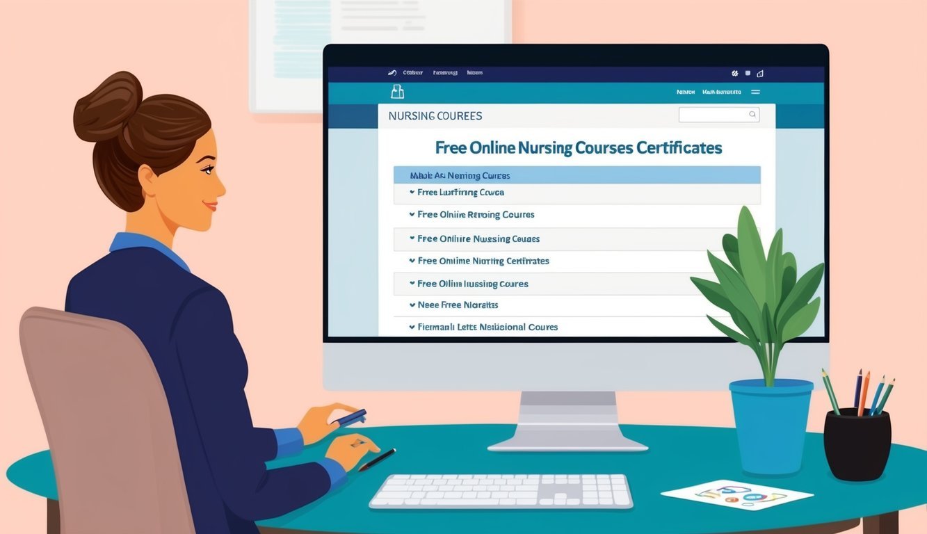 A computer screen displaying a webpage with a list of free online nursing courses and certificates