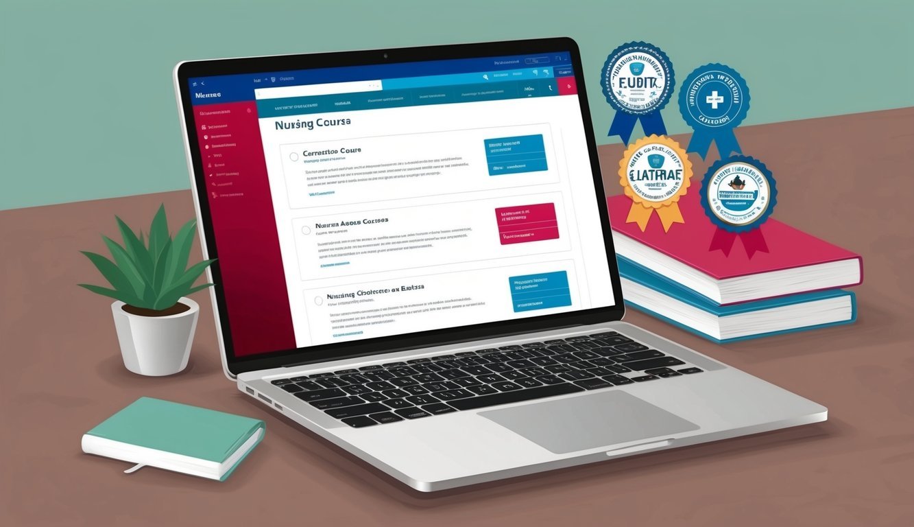 A laptop displaying a webpage with nursing course options and certification badges