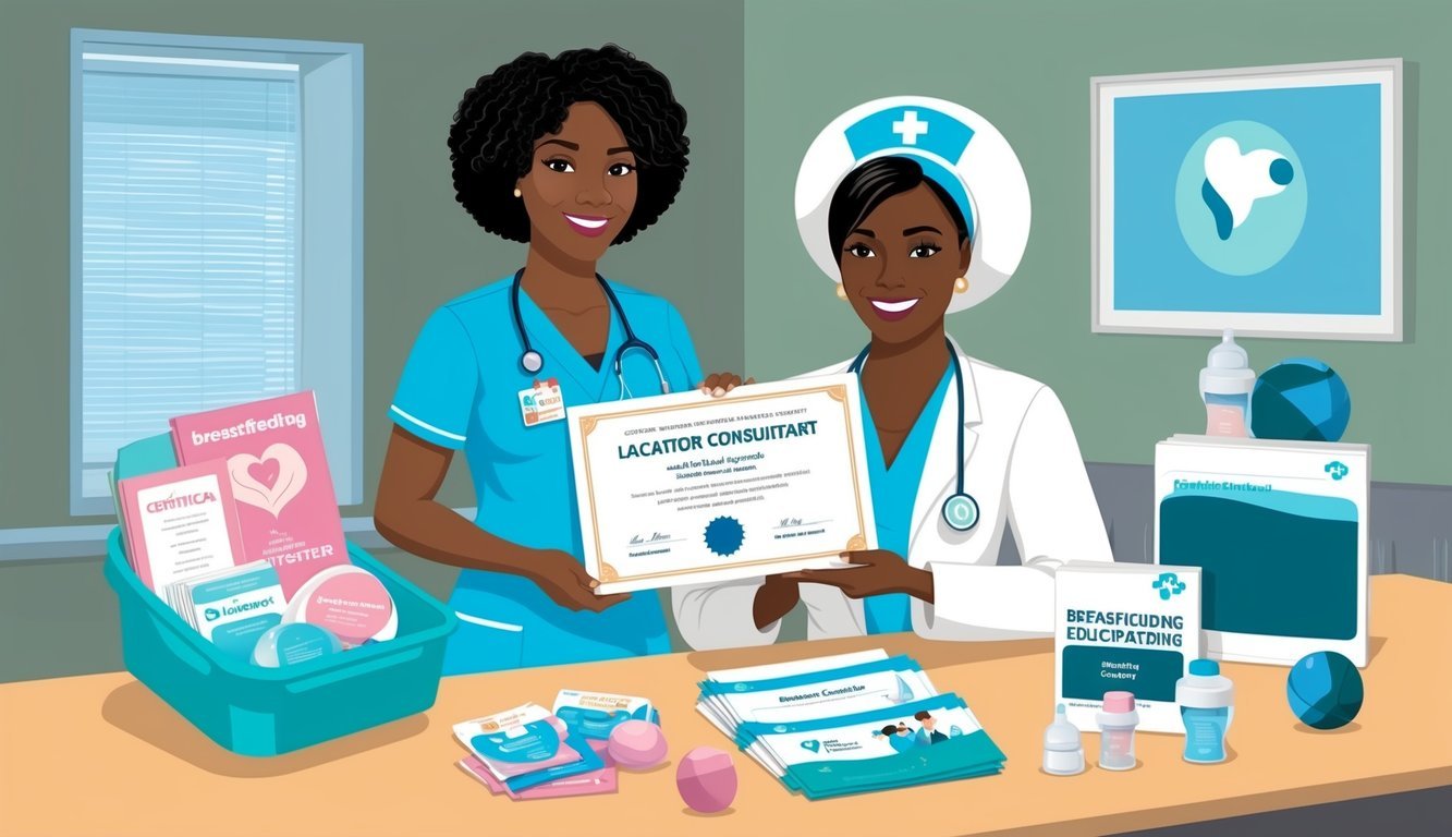 A nurse holding a certificate with a lactation consultant, surrounded by breastfeeding educational materials and equipment