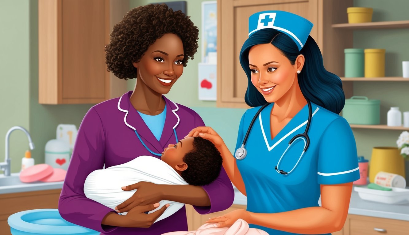A nurse confidently counseling a mother on breastfeeding techniques