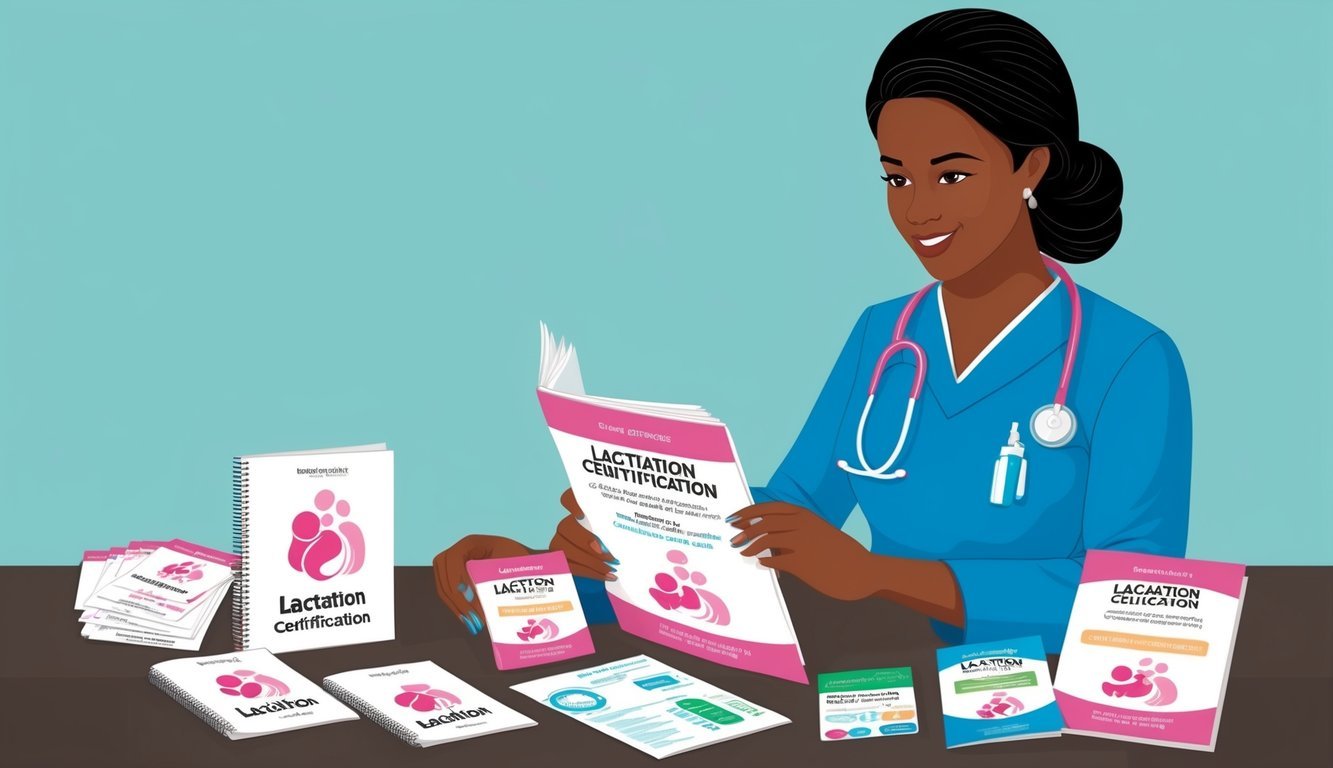 A nurse studying a lactation certification booklet surrounded by breastfeeding educational materials