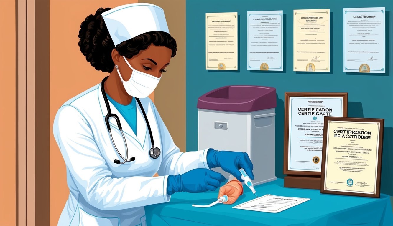 A nurse practitioner performing a clinical procedure with certification documents displayed nearby