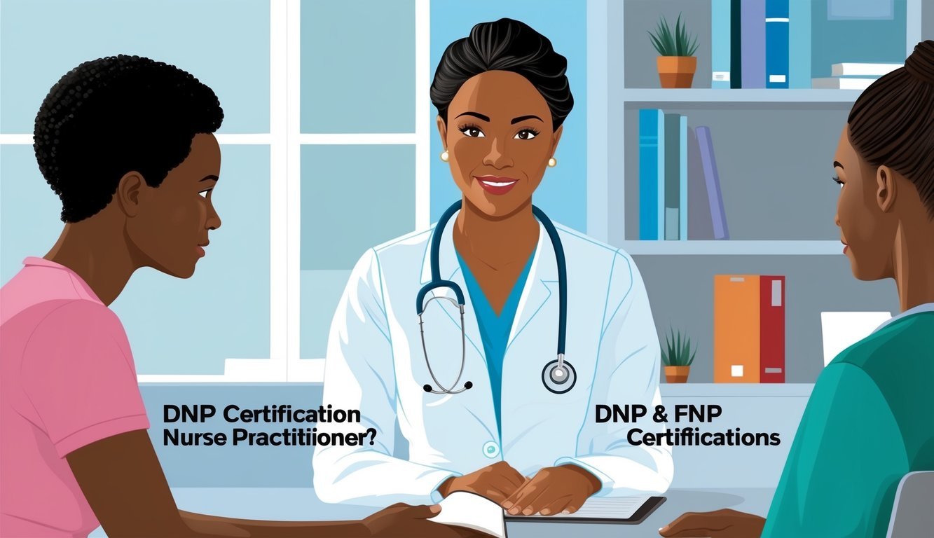 A nurse practitioner consulting with patients, explaining the difference between DNP and FNP certifications