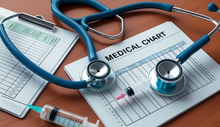 Medical chart, stethoscope, and syringes on a wooden table