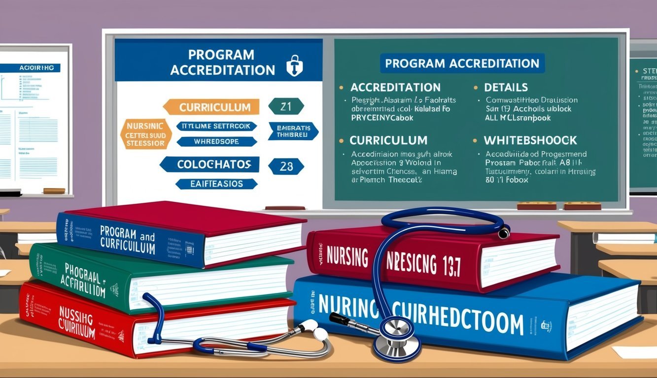 A classroom with nursing textbooks, stethoscope, and whiteboards displaying program accreditation and curriculum details