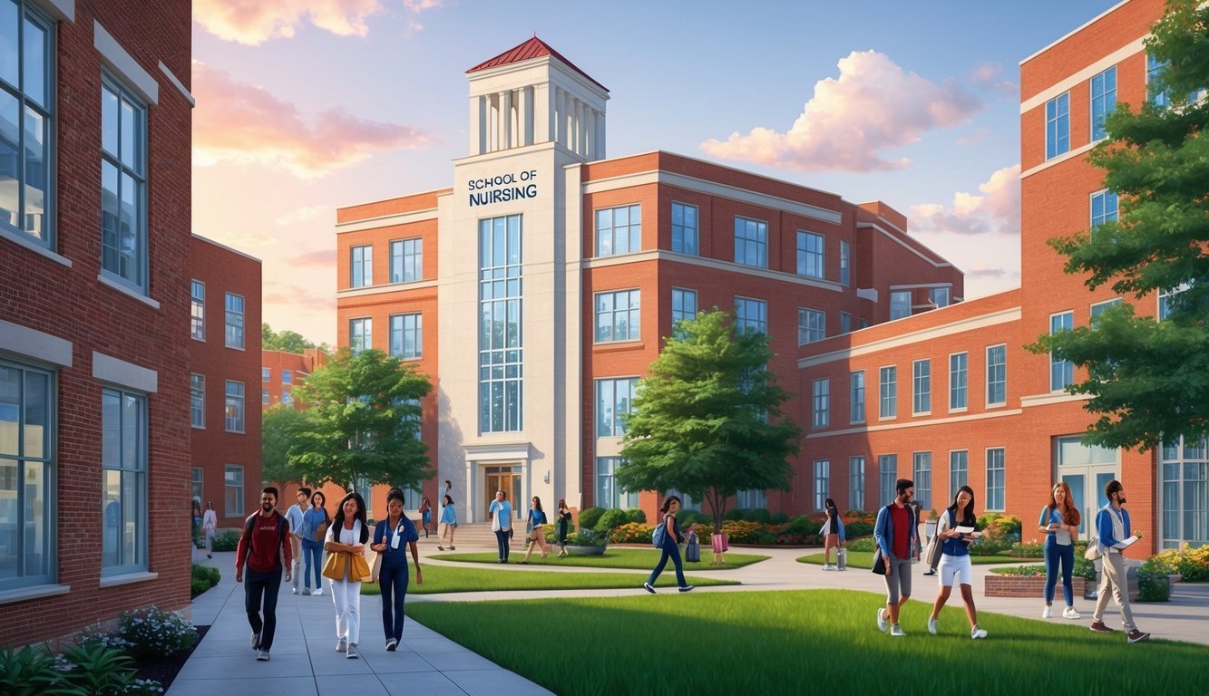 A bustling campus with the School of Nursing building standing tall among other university structures.</p><p>Students walking and studying in the courtyard