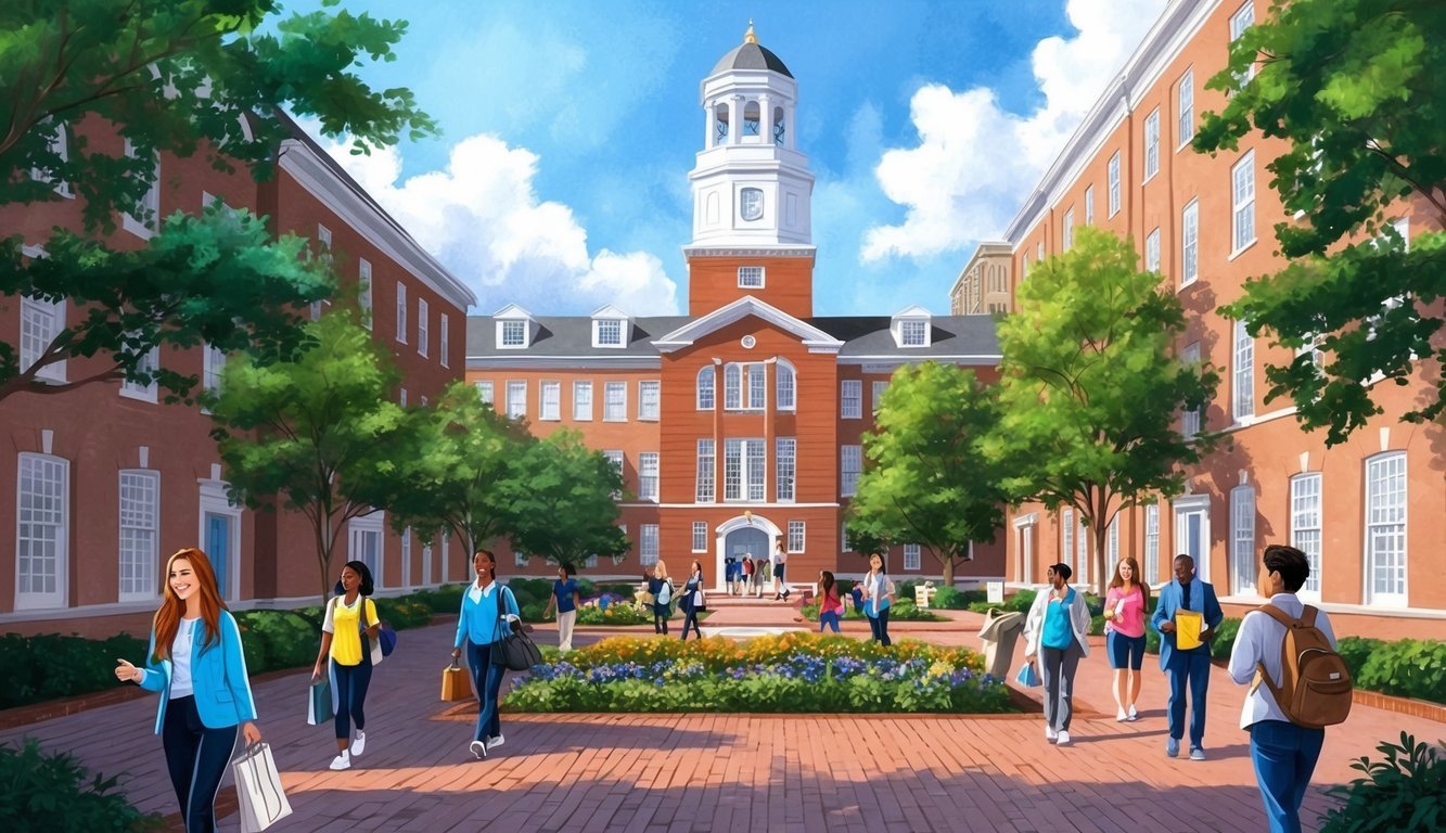 A bustling campus courtyard at Emory University, with the Nell Hodgson Woodruff School of Nursing building standing tall in the background
