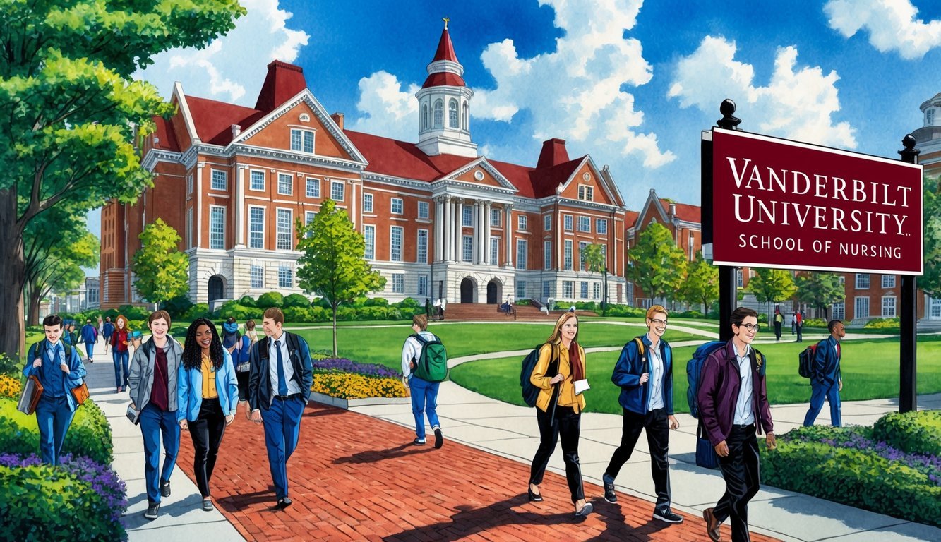 A bustling campus with iconic architecture, students walking to class, and a prominent sign displaying "Vanderbilt University School of Nursing."