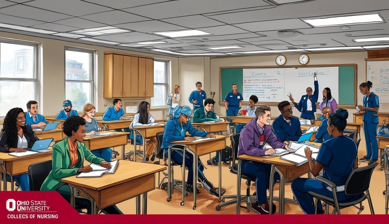 A bustling classroom at Ohio State University College of Nursing, with students engaged in learning and collaboration